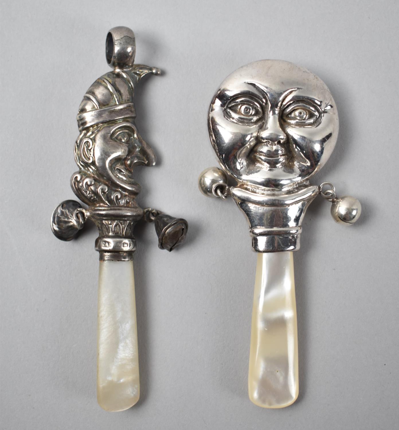 An Edwardian Silver and Mother of Pearl Baby's Teether/Rattle in the Form of Mr Punch together