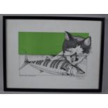 A Framed Lithograph by Simon Drew, "Cat with Piano Tuna", Signed in Pencil, 37x27cm