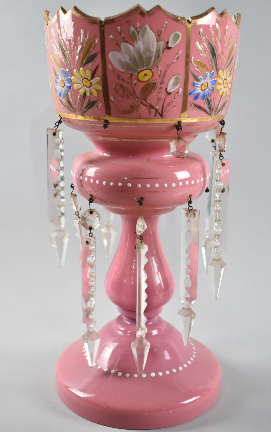 A Late Victorian Opaque Pink Glass Lustre, Droppers Incomplete, 37cms High