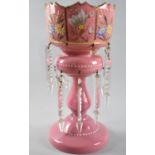 A Late Victorian Opaque Pink Glass Lustre, Droppers Incomplete, 37cms High