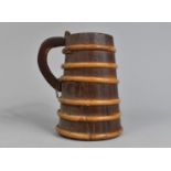An Unusual Bamboo Mounted Wooden Tankard, Missing Lid, Of Tapering Form, 15cms High