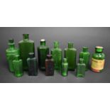 A Collection of 19th/Early 20th Century Green Glass Pharmaceutical Bottles Most with Ribbed