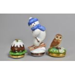 A Collection of Three Halcyon Days Bonbonnieres, Skiing Snowman, Christmas Pudding and Owl