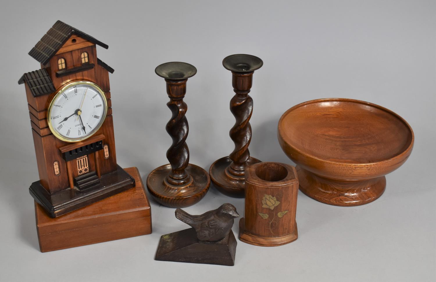 A Collection of Various Treen to comprise Novelty Mantel Clock in the Form of a Townhouse, Barley