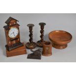 A Collection of Various Treen to comprise Novelty Mantel Clock in the Form of a Townhouse, Barley