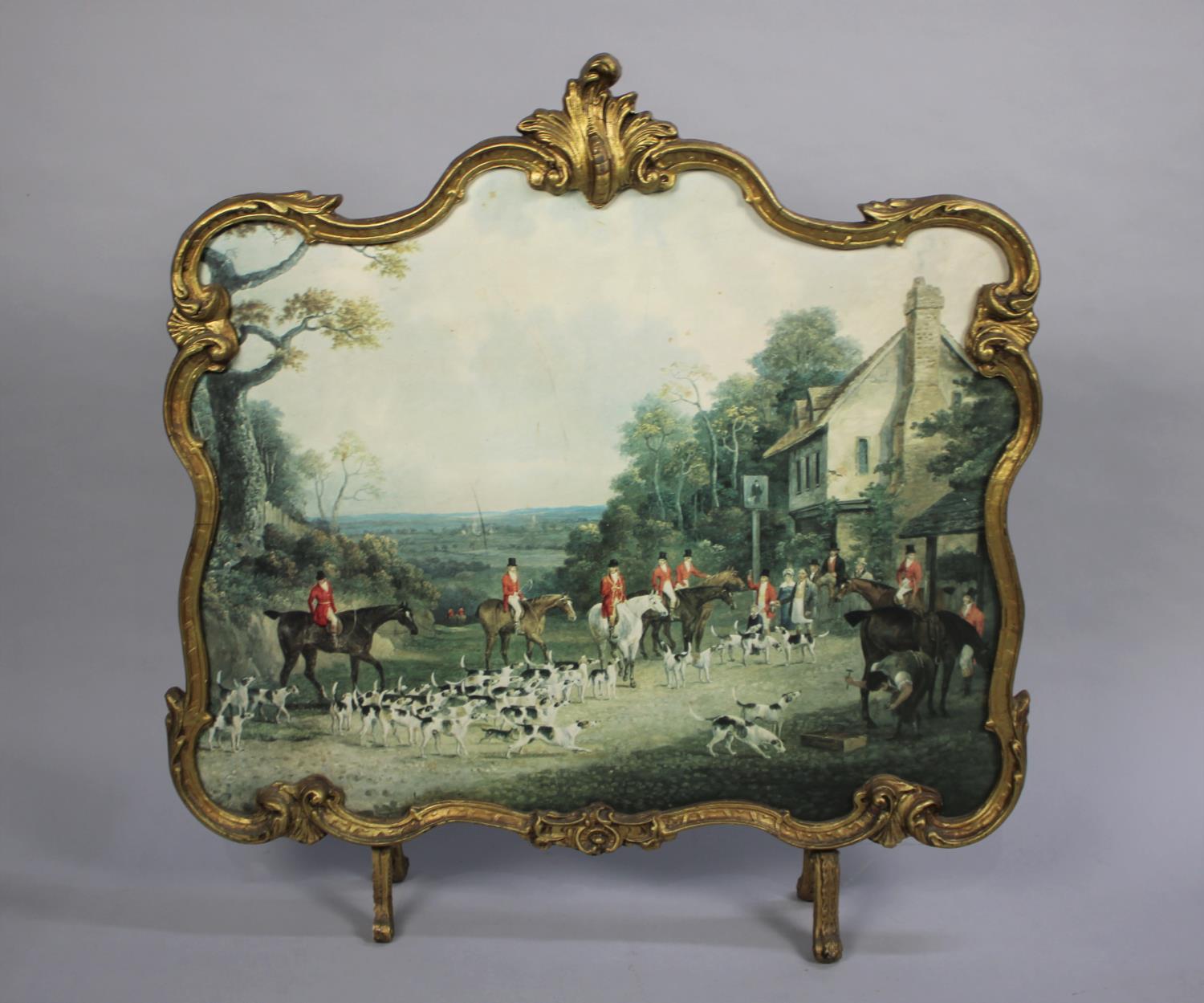 A Mid 20th Century Gilt Framed Fire Screen decorated with Hunt Meet Outside Pub, 74cms Wide