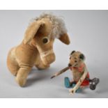 A Vintage Felt Covered Tin Plate Tumbling Mouse Toy, Working Order, Together with a Seated Donkey