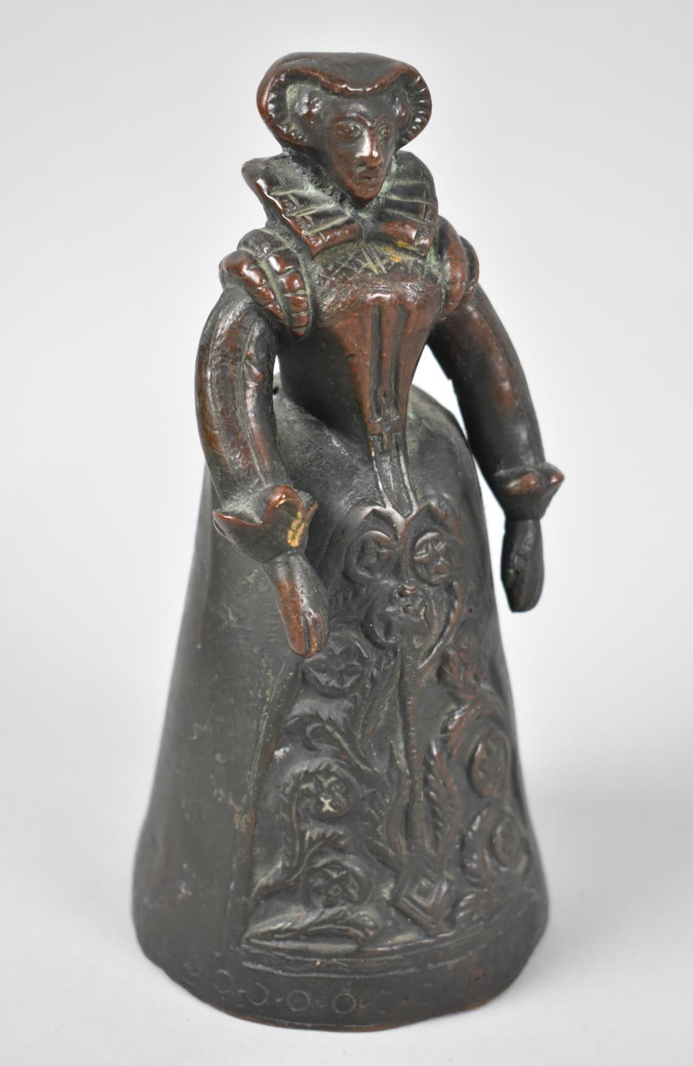 A 19th Century Cast Bronze Table Bell in the Form of an Elizabethan Lady, 18cms High