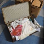 A Vintage Leather Travelling Case Containing Linens, Lace Etc