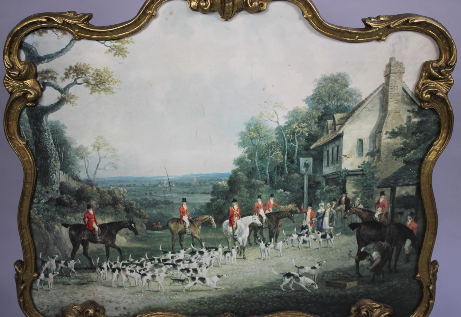 A Mid 20th Century Gilt Framed Fire Screen decorated with Hunt Meet Outside Pub, 74cms Wide - Image 2 of 3