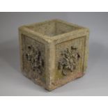 A Modern Reconstituted Stone Garden Plant Pot, Cube Form with Flowers Decorated in Relief, 55cms