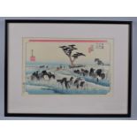 A Framed Japanese Woodblock Print, "Chiryu-A Horse Fair", After Hiroshige, 37x24cm