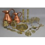 A Collection of Various Metalwares to comprise Two Copper Ewers, Candlesticks, Ornaments Etc