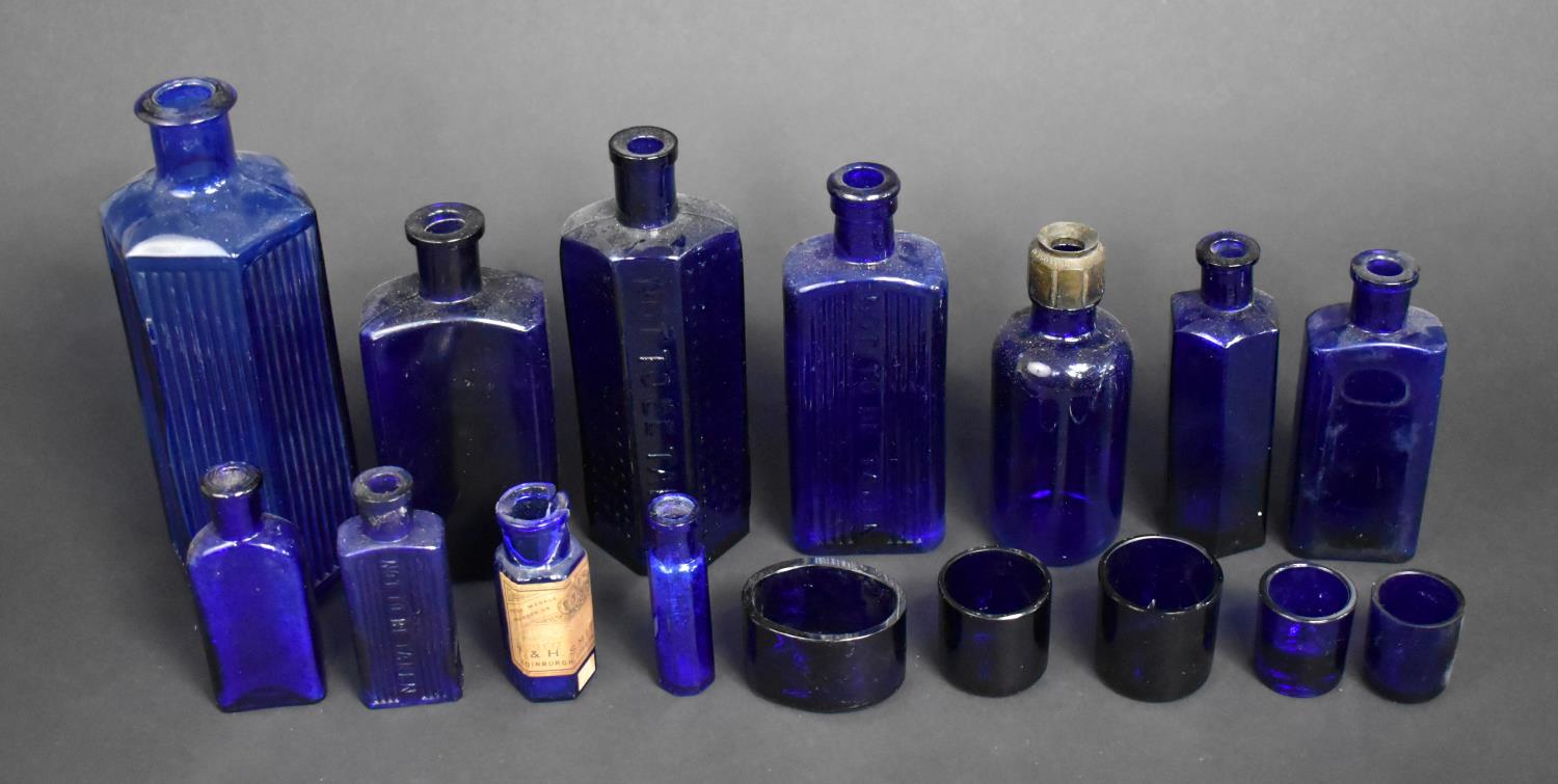 A Collection of 19th/20th Century Cobalt Blue Glass Pharmaceutical Bottles, Most with Ribbed