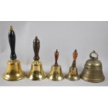 A Collection of Various Brass Handbells, Four with Wooden Handles