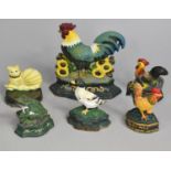 A Collection of Modern Cold Painted Cast Iron Doorstops, Cat, Frog, Poultry