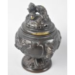 A Patinated Bronze Two Handled Censer with Lid, Compressed Globular Form on Circular Base, 12cms