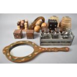 A Collection of Various Treen to include Candlesticks, Dice Sets, Naughts and Crosses Game, Mirror