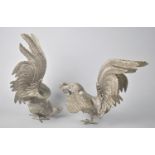 A Pair of Large Silver Plated Fighting Cocks, 26cms High