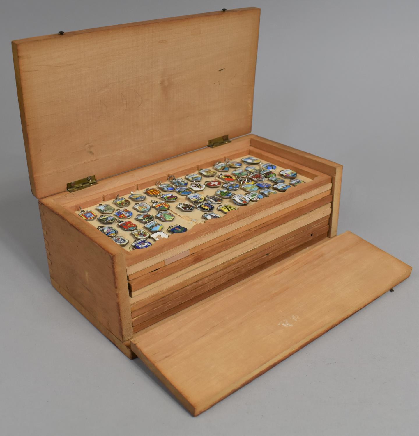 A Cased Set of Ten Trays of Miniature Enamelled City Shield Fobs, Not All Trays Full, 21cms Wide