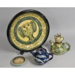 Four Pieces of Glazed Studio Pottery to Comprise Teapot Decorated with Fish on Blue Ground,