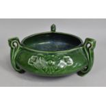 An Art Nouveau Green Glazed Bowl Raised on Tripod Scrolled Stylised Support, Condition Issues 24cm