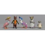 Five Cold Painted Bronze Beatrix Potter Figures, Mr Tod, Jemima Puddleduck, Duck, Cat and Kitten