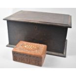 A Small Carved Indian Box together with a Late 19th Century Oak Box with hinged Lid, 36cms Wide