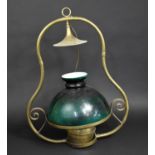 A Brass Ceiling Hanging Light Fitting in the Form of an Oil Lamp with Green Glass Shade, 64cms High