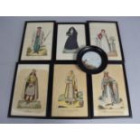 A Collection of Six Framed Italian Watercolour Costume Designs together with a Circular Miniature