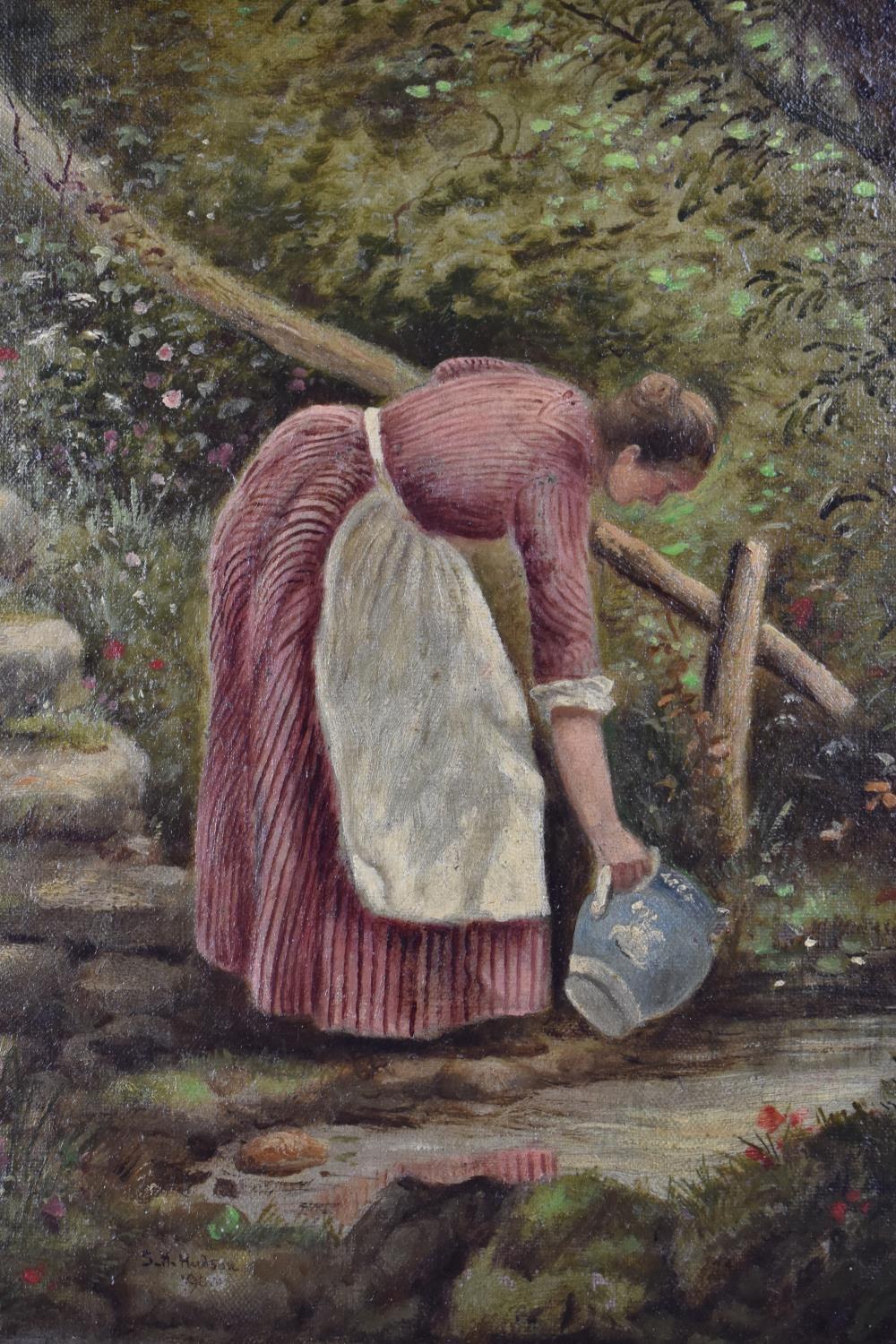 A Gilt Framed Early 20th Century English School Oil on Canvas, Maiden by River Filling Blue Jug with - Image 2 of 3