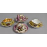 Three Continental Porcelain Miniature Quatrefoil Cabinet Cups and Saucers all with Hand Painted