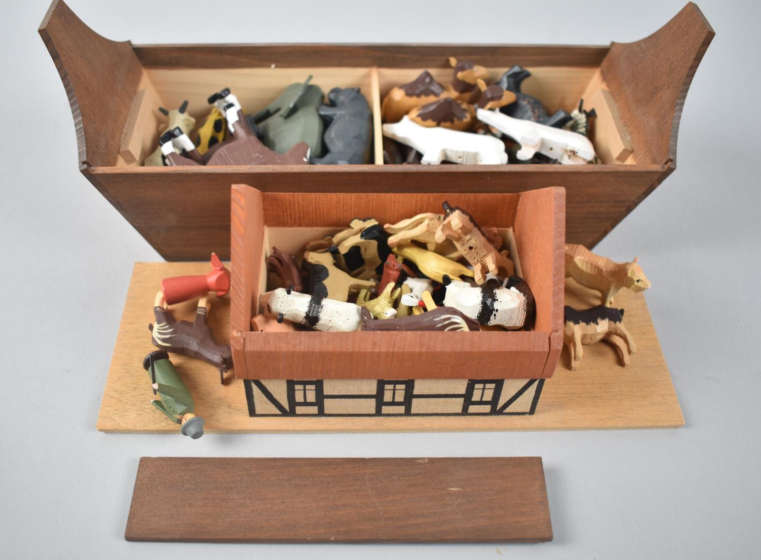 A Modern Carved Wooden Noah's Ark Toy with Figures and Animals, 25cms Wide - Image 2 of 2