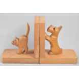 A Pair of Carved Wooden Novelty Bookends, Cat and Terrier, 15cms High