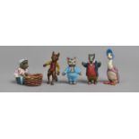 Five Cold Painted Bronze Beatrix Potter Peter Rabbit Figures, Mr Tod, Jemima Puddleduck, Tom Kitten,