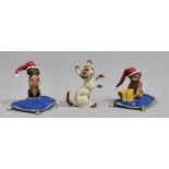 Two Cold Painted Bronze Figures, Christmas Teddy Sat on Cushion and Dachshund Begging on Cushion