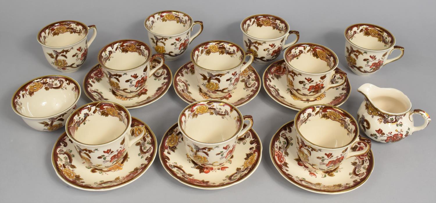 A Mason's Brown Velvet Pattern Tea set to Comprise Ten Cups, Six Saucers, Milk Jug and Sugar Bowl