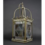 An Early 20th Century Brass Hall Lantern Light Fitting with Leaded Stained Glass Panels to All