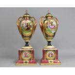 A Pair of Royal Vienna Two Handled Vases on Square Stepped Pedestals with Classical Decoration,