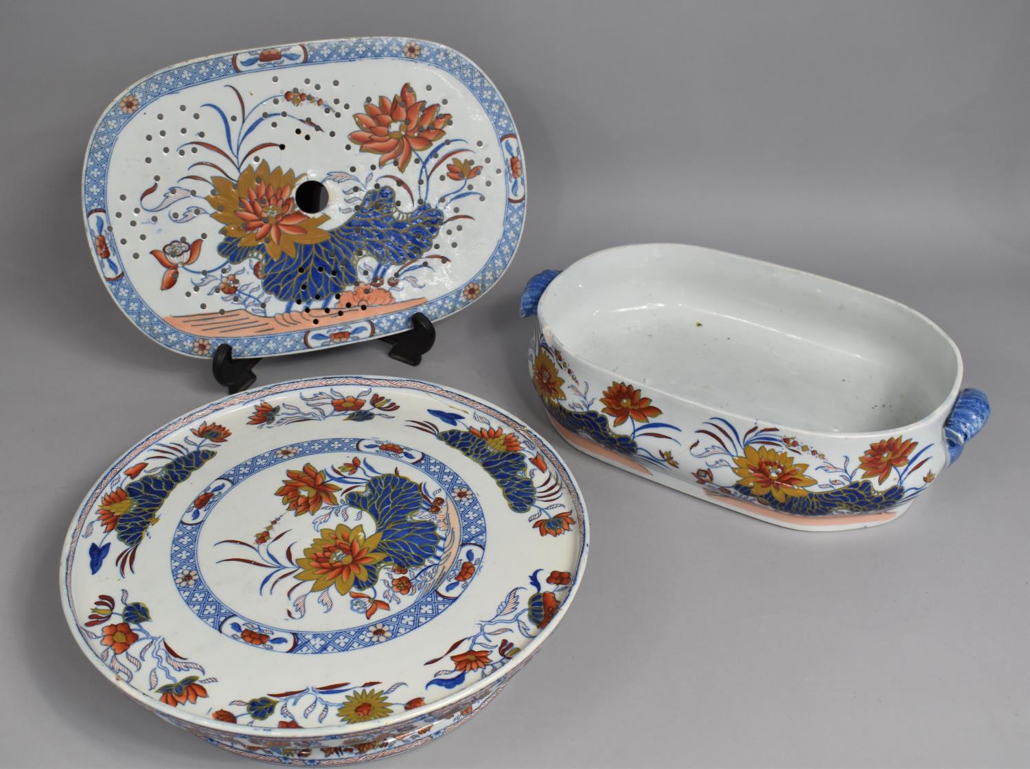 A 19th Century English Imari Pattern Cheese Dish together with a Matching Tureen and Draining Plate - Image 2 of 2