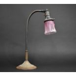 A Vintage Desk Top Metal Reading Lamp with Weighted Base and Etched Pink Glass Shade, 42cms High