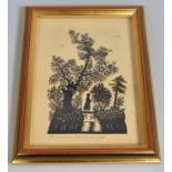 A Gilt Framed Victorian Silhouette of Girl Crossing Bridge by Bernardine Strubel, 1884, 21x15cms