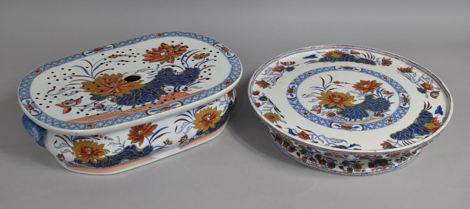 A 19th Century English Imari Pattern Cheese Dish together with a Matching Tureen and Draining Plate