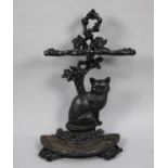A Vintage Cast Iron Two Division Stick Stand with Seated Cat Decoration, 65cms High