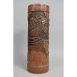 A Carved Bamboo Japanese Brush Pot Decorated with Samurai Warrior in Armour, 36cms High