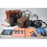 A Collection of Various Vintage Cameras, Binoculars and Four Pre Recorded Reel to Reel Tapes