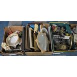 Three Boxes of Various Sundries to Comprise Metalwares, Pictures, Prints etc