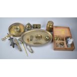 A Collection of Various Brass Weights, Bedchamber Sticks, Crocodile Nutcracker, Globular Bell Etc