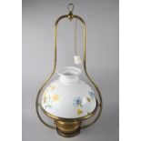 A Mid 20th Century Brass Ceiling Light in the Form of an Oil Lamp, Opaque Glass Shade with Painted