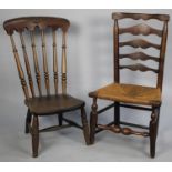 A 19th Century Rush Seated Ladderback Side Chair, Cut Down and a Cut Down Spindle Back Kitchen Chair